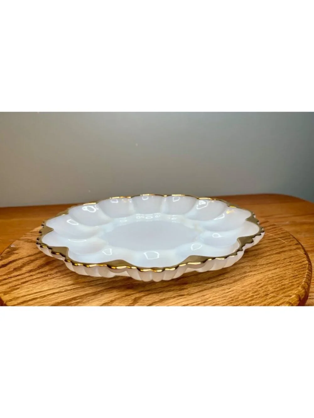 Vintage Anchor Hocking Milk Glass Deviled Egg Plate, Gold Trim